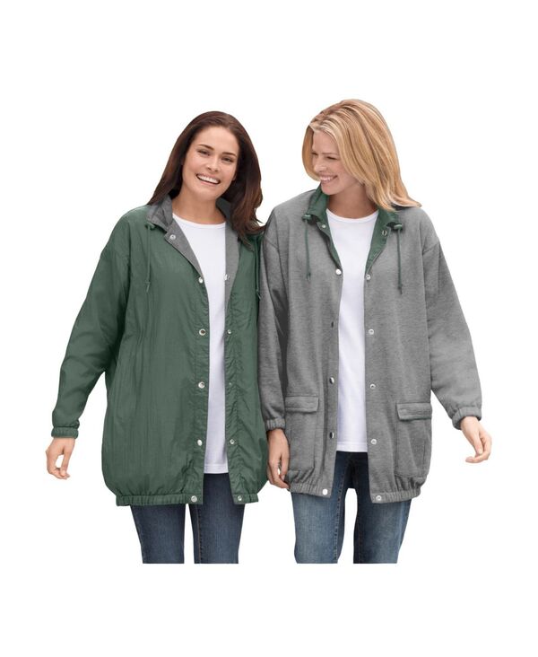 ウーマン ウィズイン レディース アウター ジャケット・ブルゾン プラスサイズ ナイロン フリース Woman Within Plusize Fleece Nylon Reversible Jacket Pine medium heather grey グレー