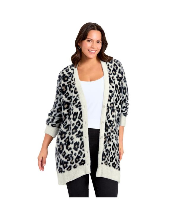 アベニュー レディース アウター ニット・セーター カーディガン AVENUE Women's Button Front Cozy Cardigan Ivory snow leopard アイボリー