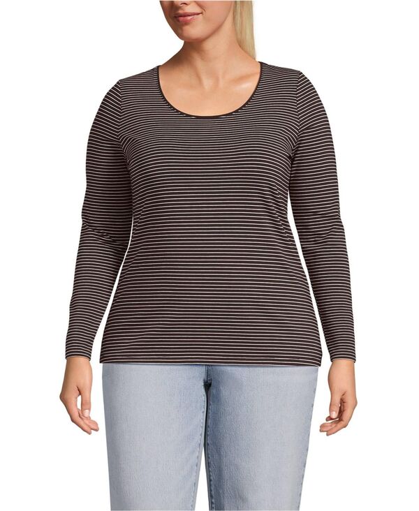 ランズエンド レディース トップス シャツ プラスサイズ ジャージー Lands' End Plusize Lightweight Jersey Skimming Long Sleeve Scoop Neck T-shirt Rich coffee thin stripe コーヒー