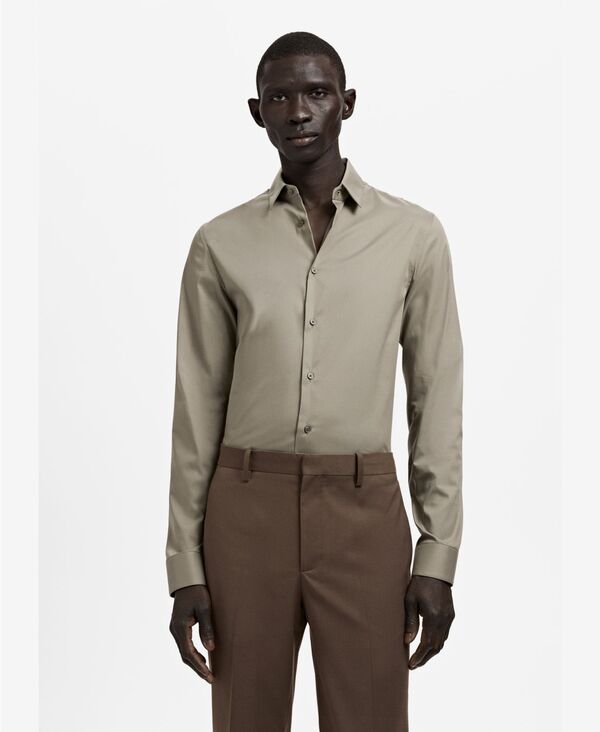 マンゴ メンズ トップス シャツ スリムフィット コットン MANGO Men'slim Fit Cotton Dresshirt Brown ブラウン