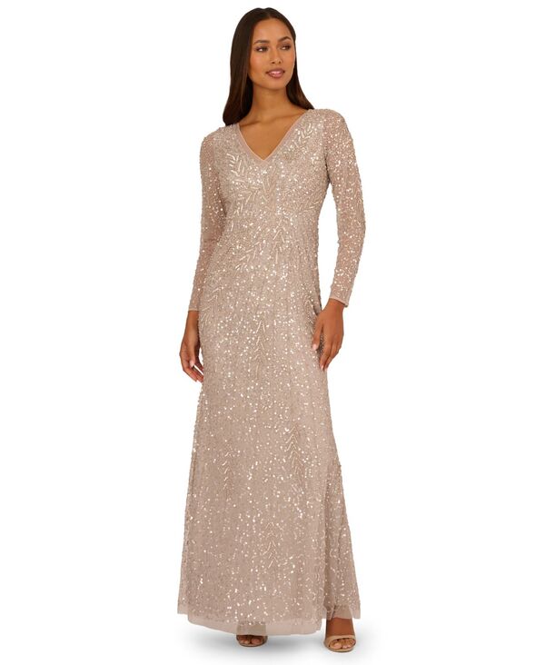 アドリアナ パペル レディース トップス ワンピース 長袖 Adrianna Papell Women's Long-Sleeve Beaded Full-Length Gown Marble