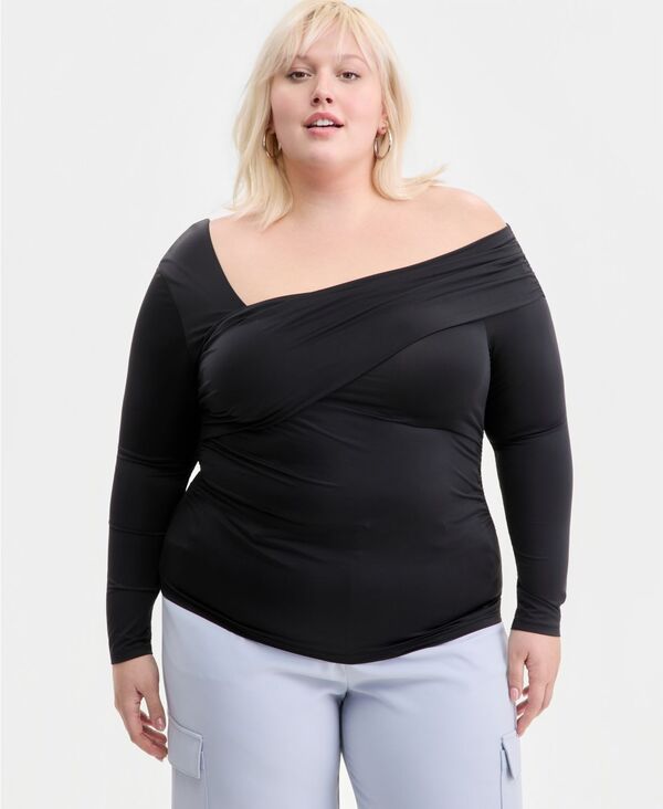 バースリー レディース トップス シャツ アシンメトリー プラスサイズ 長袖 Bar III Trendy Plusize Asymmetrical-Neck Long-Sleeve Top Black ブラック