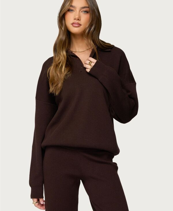 アディクテッド レディース アウター ニット・セーター ポロシャツ Edikted Women's Lorie Oversized Knit Polo Sweater Brown ブラウン