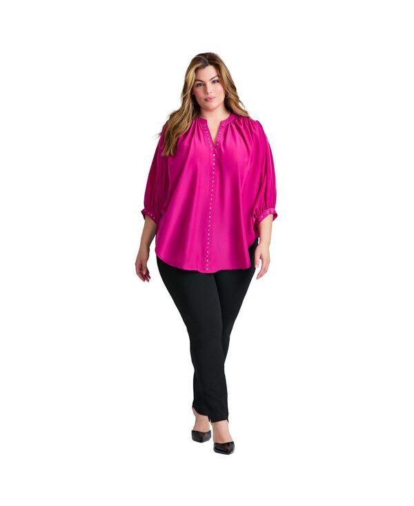 アベニュー レディース トップス シャツ プラスサイズ ブラウス AVENUE Women's Plusize Studded Blouson Sleeve Blouse Tops Raspberry