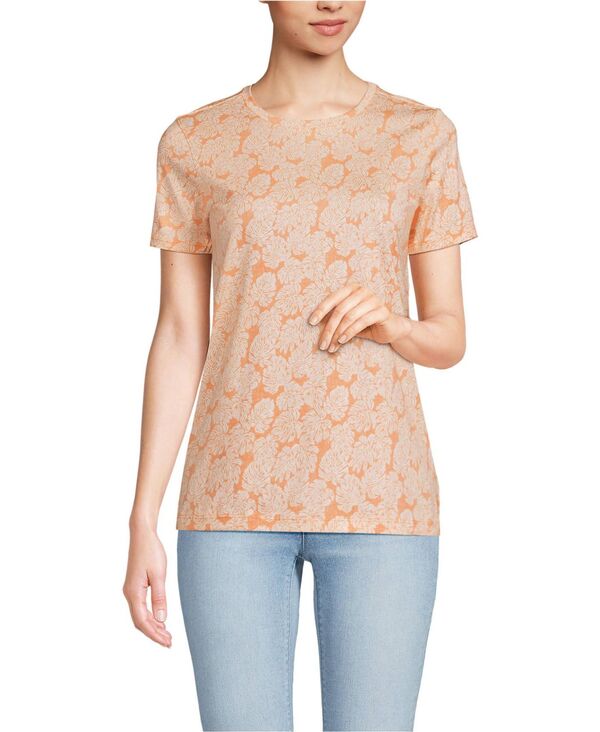 ランズエンド レディース トップス シャツ クルーネック コットン Lands' End Women's Relaxed Supima Cotton Crew Neck T-Shirt Orange mist palm leaves オレンジ