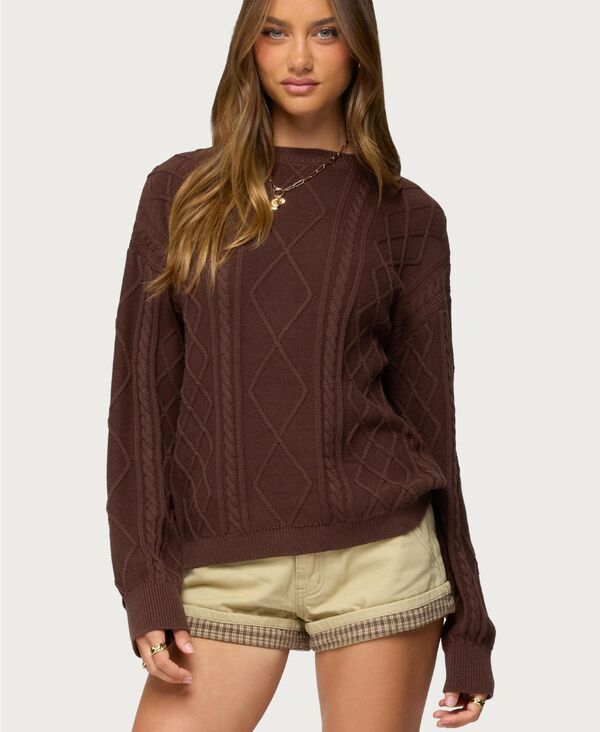アディクテッド レディース アウター ニット・セーター Edikted Women's Jessy cable knit oversized sweater Brown ブラウン