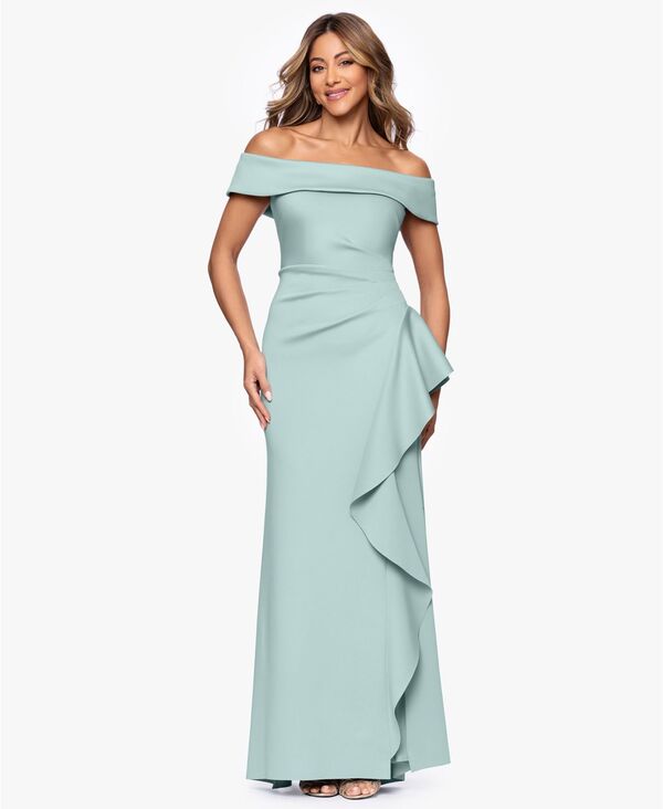 エスケープ レディース トップス ワンピース フリル XSCAPE Women's Off-The-Shoulderuffled Side-Slit Gown Sage セージ