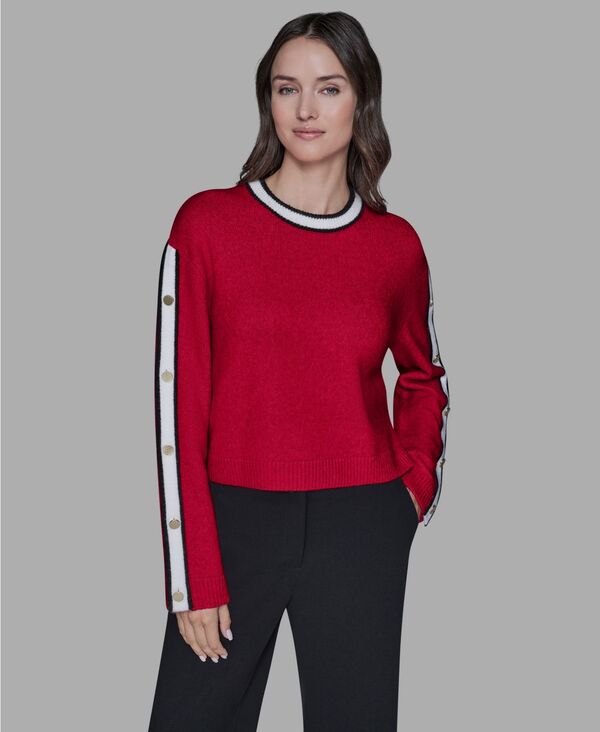 カール ラガーフェルド レディース アウター ニット・セーター コントラスト KARLAGERFELD PARIS Women's Contrastrim Pull-On Sweater Admiral Red レッド