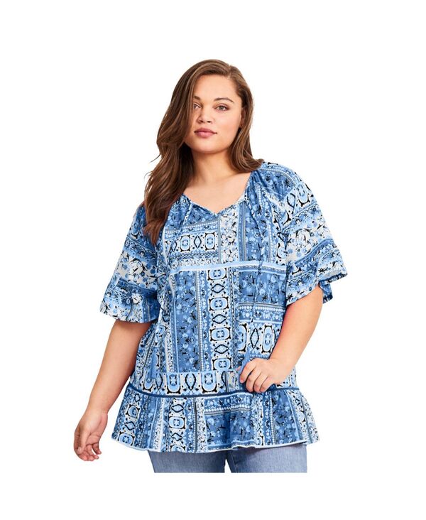 アベニュー レディース トップス シャツ プラスサイズ AVENUE Women's Plusize Flutter Sleeve Top Blue patchwork ブルー｜ReVida 店 9,110円