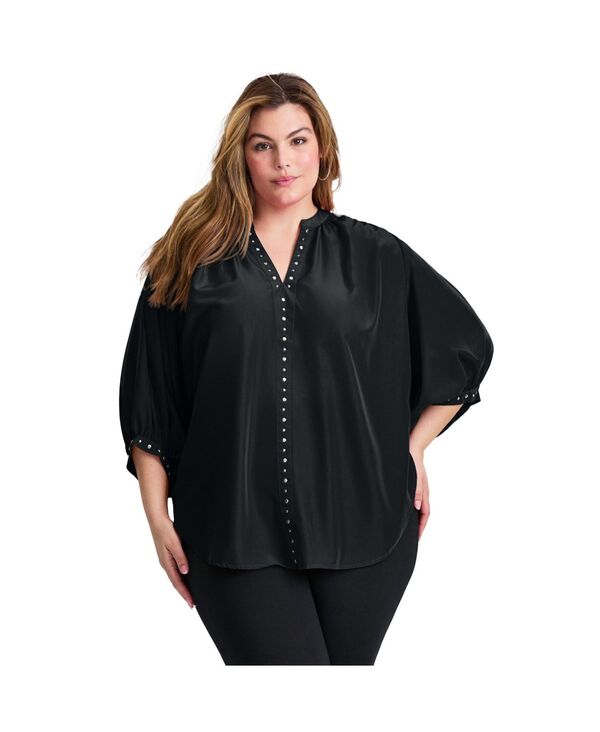 アベニュー レディース トップス シャツ プラスサイズ ブラウス AVENUE Women's Plusize Studded Blouson Sleeve Blouse Tops Black ブラック