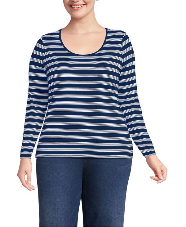 ランズエンド レディース トップス シャツ プラスサイズ ジャージー Lands' End Plusize Lightweight Jersey Skimming Long Sleeve Scoop Neck T-shirt Deep sea navy quad stripe ネイビー