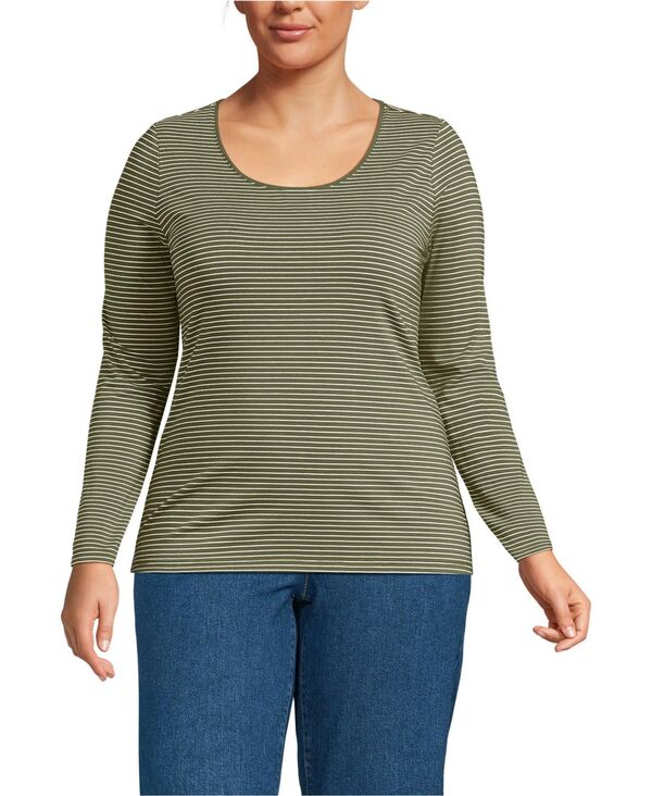 ランズエンド レディース トップス シャツ プラスサイズ ジャージー Lands' End Plusize Lightweight Jersey Skimming Long Sleeve Scoop Neck T-shirt Olive drab thin stripe オリーブ