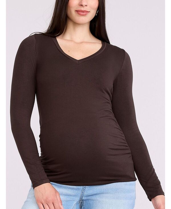 マザーフッドマタニティー レディース トップス シャツ Vネック ギャザー Motherhood Maternity Motherhood V-Neck Side-Ruched Long Sleeve Tee Chocolate tort チョコレート