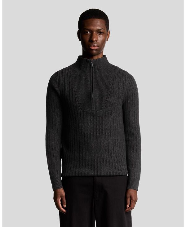 ライルアンドスコット メンズ アウター ニット・セーター ハーフジップ リブ Lyle & Scott Men's Ribbed Half Zip Sweater Jet black marl ブラック