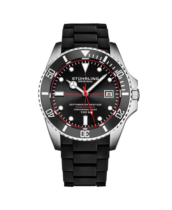 ストゥーリング メンズ アクセサリー 腕時計 Stuhrling Depthmaster Heritage 4087 Men &rsquo; swiss Quartz Diver Watch 44mm Black Dial with Red Accents Black ブラック｜ReVida 店