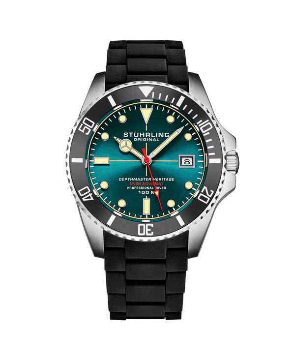 ストゥーリング メンズ アクセサリー 腕時計 Stuhrling Depthmaster Heritage 4087 Men &rsquo; swiss Quartz Diver Watch 44mm Black Dial with Red Accents Teal gradient ティール｜ReVida 店