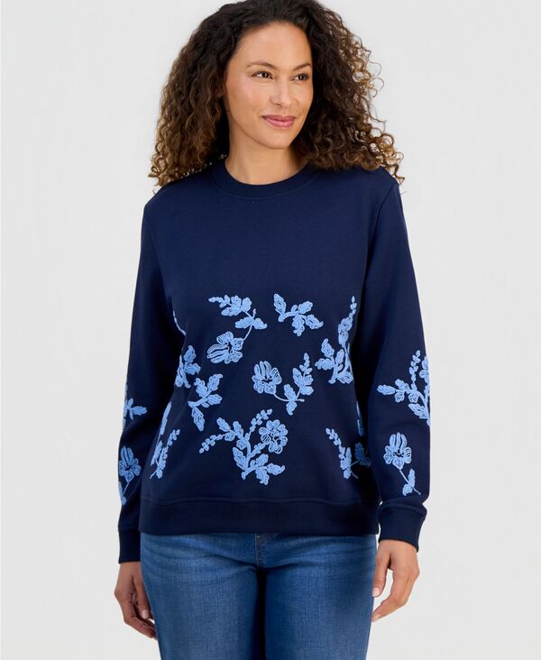 スタイルアンドコー レディース アウター パーカー・スウェット フラワー柄 プチ シャツ 刺繍 フラワー Style & Co Petite Floral Embroidered Sweatshirt Industrial Blue ブルー 11,701円