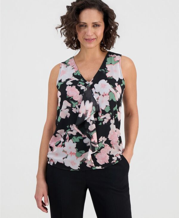 カスパール レディース トップス シャツ プリント フリル ノースリーブラウス Kasper Women's Printed Ruffled Sleeveless Blouse Black Multi ブラック