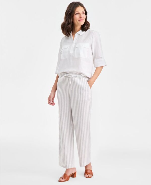 チャータークラブ レディース ボトムス カジュアルパンツ プリント リネン Charter Club Women's 100% Linen Print Pull-On Wide-Leg Pantstripe Flax ストライプ