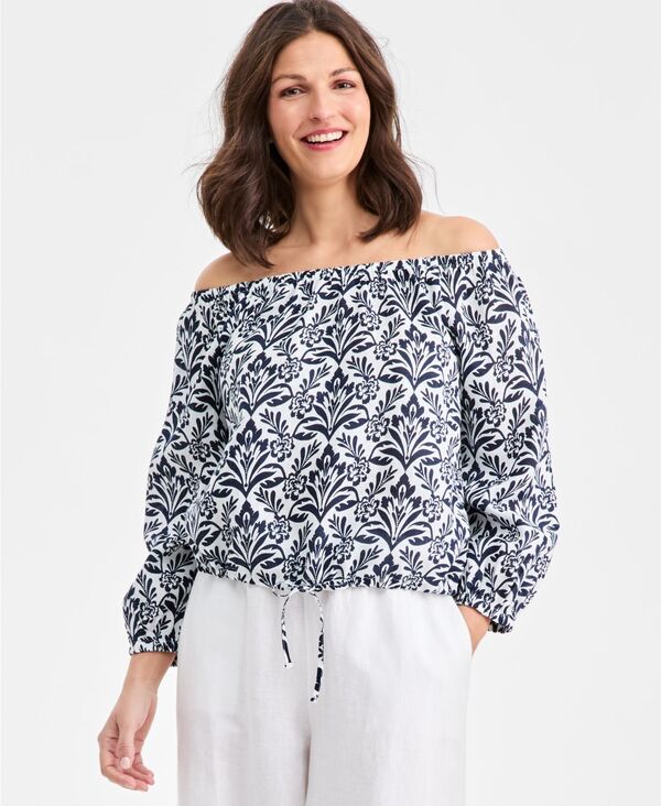 チャータークラブ レディース トップス シャツ オフショルダー リネン Charter Club Women's 100% Linen Tile On-Off-Shoulder 3/4-Sleeve Top Blue ブルー