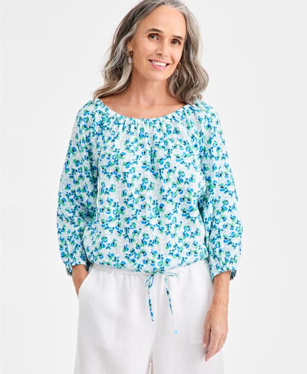 チャータークラブ レディース トップス シャツ オフショルダー リネン Charter Club Women's 100% Linen Tile On-Off-Shoulder 3/4-Sleeve Top Flower Aquamarine