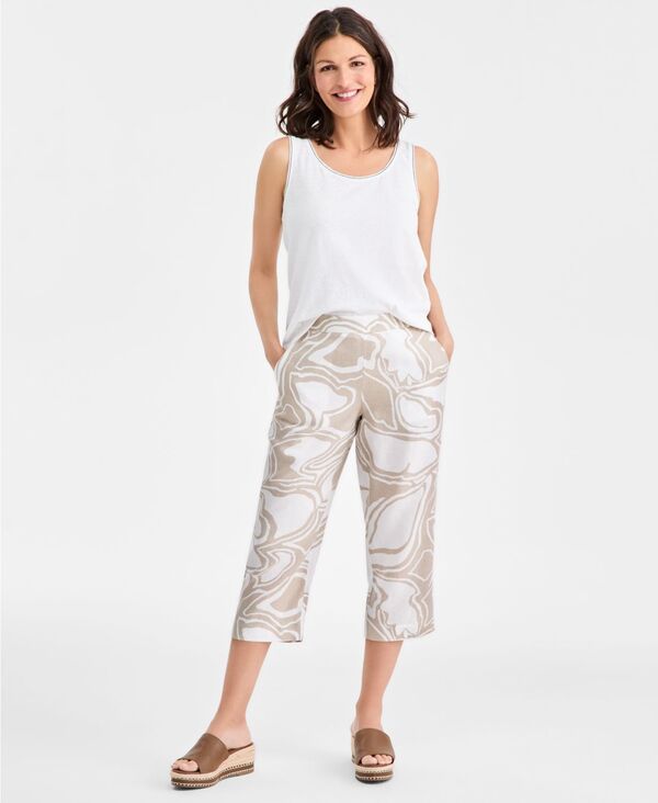 チャータークラブ レディース ボトムス カジュアルパンツ プリント リネン Charter Club Women\'s 100% Linen Print Cropants Garden Sketch