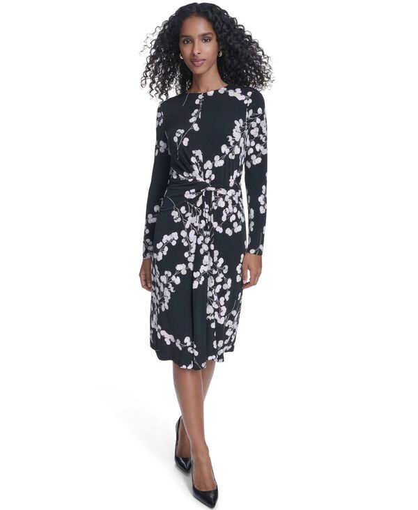 カルバンクライン レディース トップス ワンピース クルーネック ジャージー 長袖 Calvin Klein Women's Jersey Surplice Long-Sleeve Crewneck Dress Black/Cherry Blossomulti ブラック