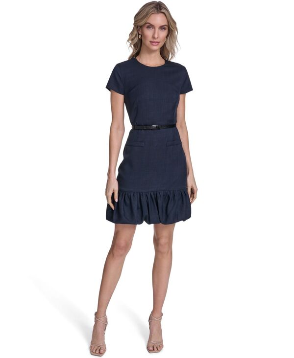 カルバンクライン レディース トップス ワンピース クルーネック Calvin Klein Women's Bubble Hem Belted Crewneck Dress Indigo インディゴ