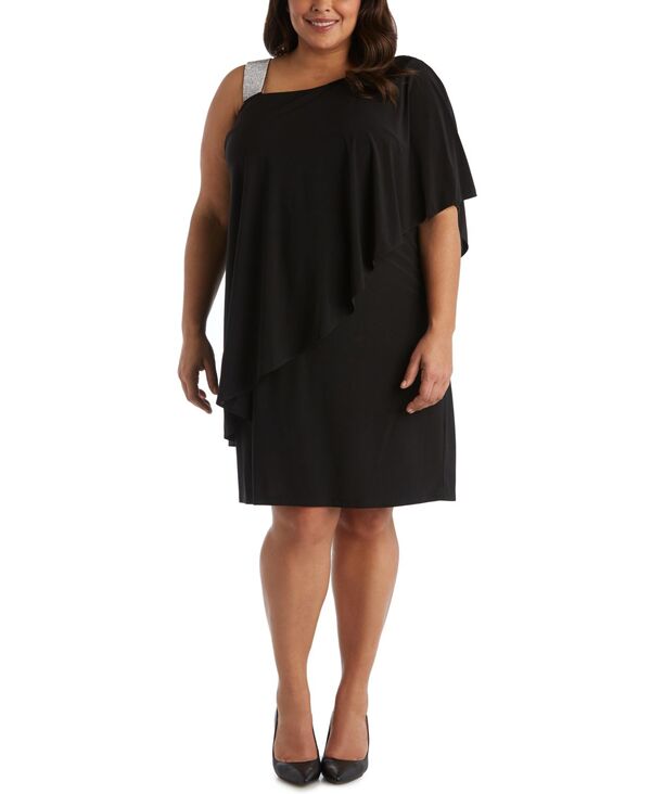 アールアンドエムリチャーズ レディース トップス ワンピース プラスサイズ ワンショルダー R & M Richards Plusize Rhinestone-Trim One-Shoulder Dress Black ブラック|ReVida 店