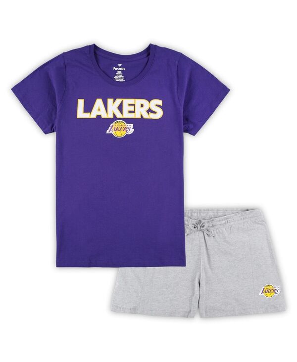 ファナティクス レディース トップス Tシャツ プラスサイズ ショートパンツ Fanatics Women's Purple Heather Gray Los Angeles Lakers Plusize T-shirt and Shorts Combo Set Purple Heather Gray グレー｜ReVida 店