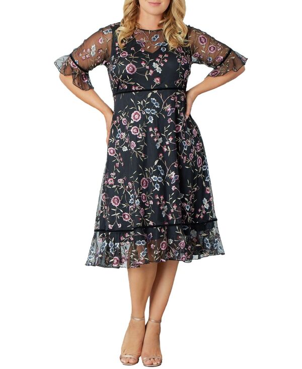 キヨナ レディース トップス ワンピース フラワー柄 プラスサイズ メッシュ 刺繍 フラワー Kiyonna Plusize Wildflower Embroidered Floral Mesh Dress Moonlit garden