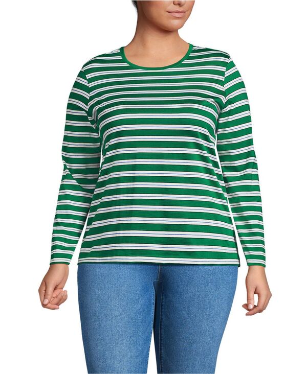ランズエンド レディース トップス シャツ クルーネック プラスサイズ コットン Lands' End Plusize Supima Cotton Long Sleeve Crewneck T-Shirt Vibrant clover multi stripe マルチカラー