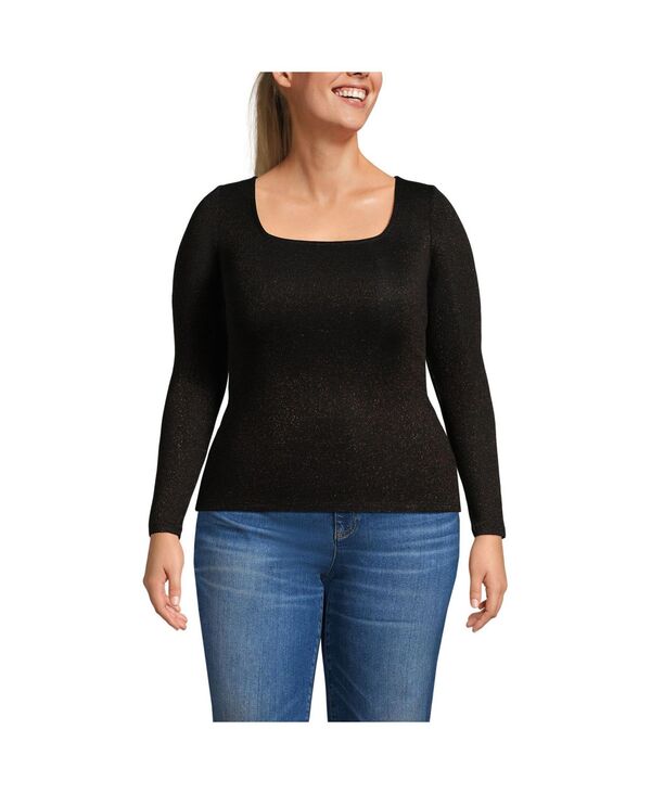 ランズエンド レディース トップス シャツ プラスサイズ Lands' End Plusize Long Sleeve Rib Square Neck Tee Black shine ブラック