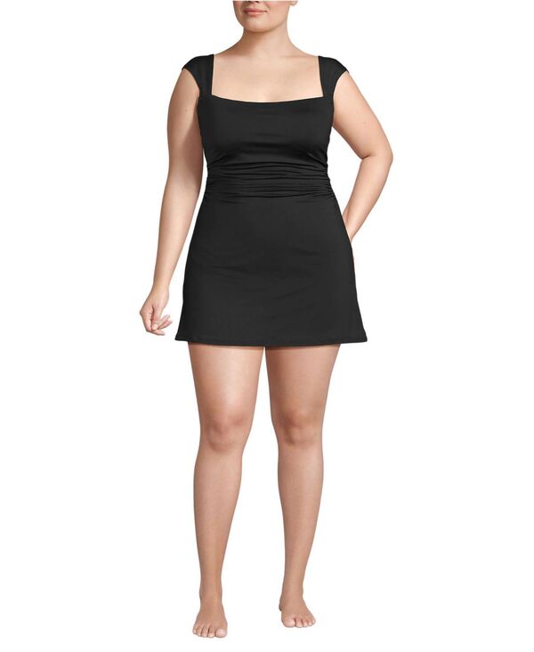 ランズエンド レディース トップス ワンピース ギャザー Lands' End Women'smoothing Square Neck Ruched Swim Dresswimsuit Black ブラック