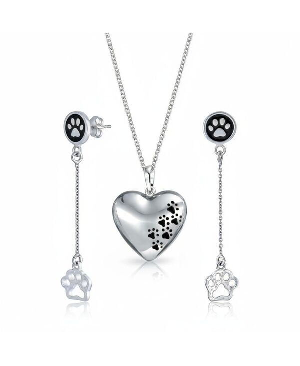 ブリング レディース アクセサリー ピアス・イヤリング プリント Bling Jewelry Set of 2 BFF Pet Animalover Black Enamel Paw Print Dangle & Heart Stud Earringsterling Silver set シルバー