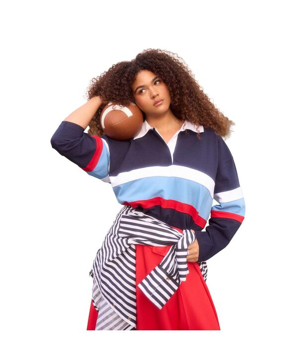 エロクイ レディース トップス ポロシャツ ELOQUII Women'striped Polo Shirt Navy red and white stripe ホワイト