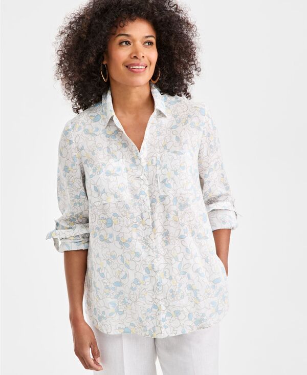 チャータークラブ レディース トップス シャツ フラワー柄 リネン フラワー Charter Club Women's 100% Linen Floral Roll-Tab-Sleeve Shirt Aquamarine