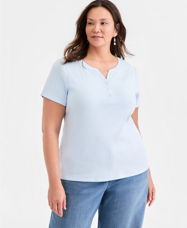 スタイルアンドコー レディース トップス シャツ 半袖 コットン Style & Co Women'short-Sleeve Cotton Henley Top Rain Song