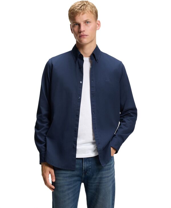 ヒューゴボス メンズ トップス シャツ コットン Hugo Boss Men'stretch-Cotton Dobby Regular-Fit Dresshirt Open Blue ブルー