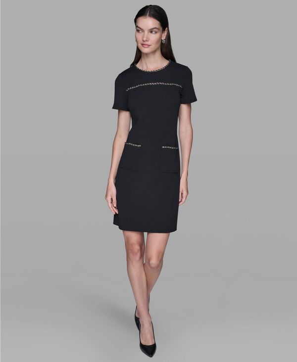 カール ラガーフェルド レディース トップス ワンピース クルーネック KARLAGERFELD PARIS Women's Crew Neck Chain Detail Shift Dress Black ブラック