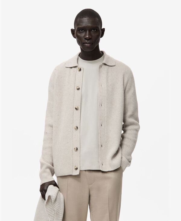 マンゴ メンズ アウター ニット・セーター リブ カーディガン MANGO Men Ribbed Knit Cardigan Sweater Light Pastel Gray グレー