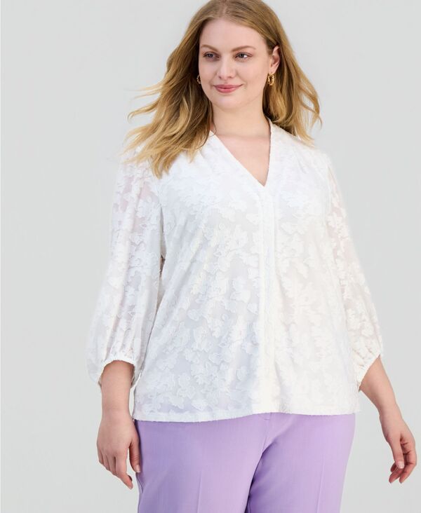 カスパール レディース トップス シャツ Vネック フラワー柄 プラスサイズ ブラウス フラワー Kasper Plusize Burnout Floral V-Neck Blouse Lily White ホワイト