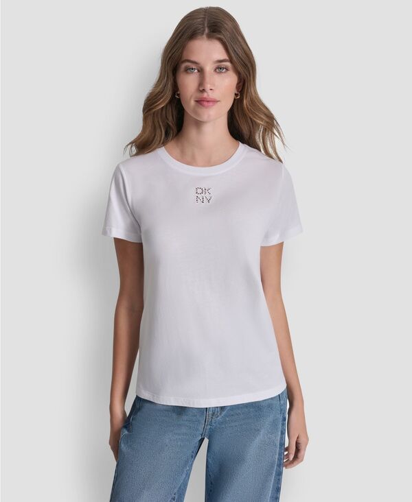 ダナキャランニューヨーク レディース トップス Tシャツ クルーネック ロゴ DKNY Jeans Women'stacked Eyelet Logo Crewneck T-Shirt White ホワイト 10,066円