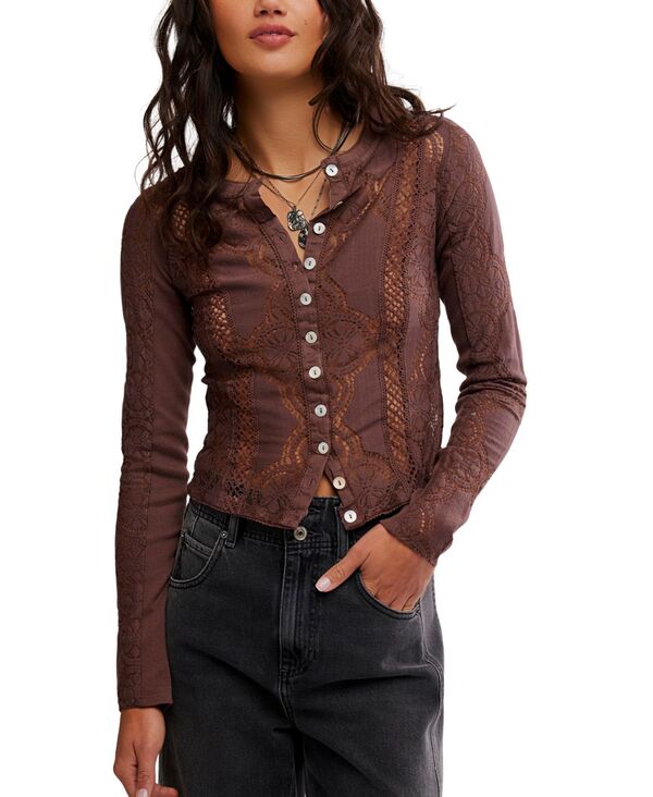 フリーピープル レディース トップス シャツ レース Free People Women's Button-Front Long Sleeve Lace Top Chicory Coffee コーヒー