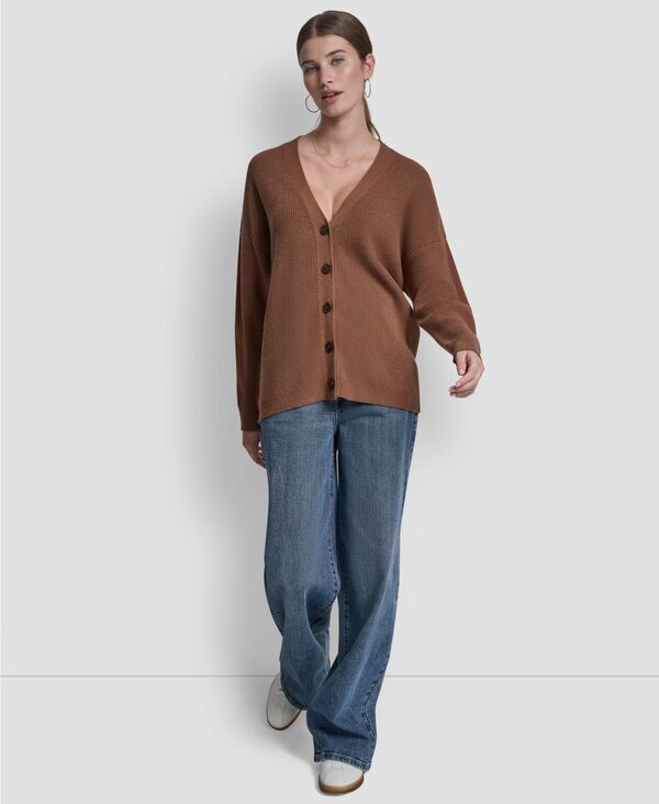 ダナキャランニューヨーク レディース アウター ニット・セーター Vネック スエード カーディガン ロゴ DKNY Jeans Women Relaxed V-Neck Shaker Stitch Cardigan With Suede Logo Patch Brnt Sugar