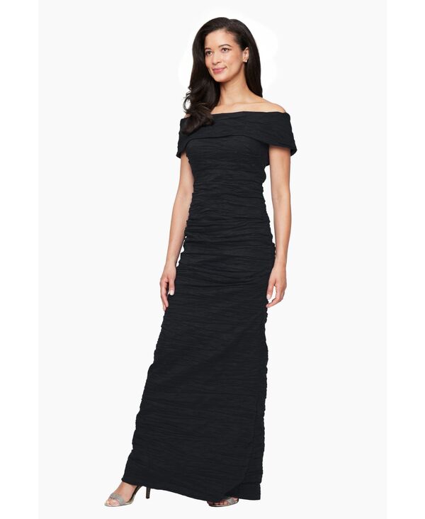 アレックスイブニングス レディース トップス ワンピース Alex Evenings Women's Crinkle Detail Off-The-Shoulder Gown Black ブラック