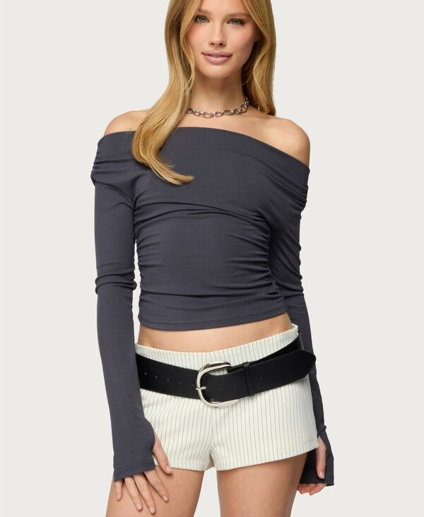 アディクテッド レディース トップス シャツ ギャザー リブ Edikted Women's Milane Ruched Off Shoulderibbed Top Dark-gray グレー|ReVida 店