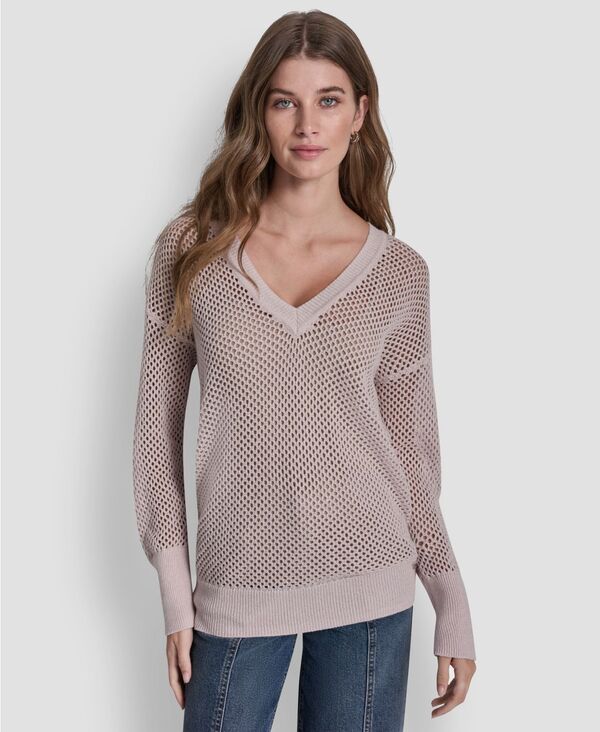 ダナキャランニューヨーク レディース アウター ニット・セーター Vネック ロゴ 長袖 DKNY Jeans Women's Long-Sleeve V-Neck Open Stitch Lurex Sweater With Logo Charm Pink Moon/Silver ピンク