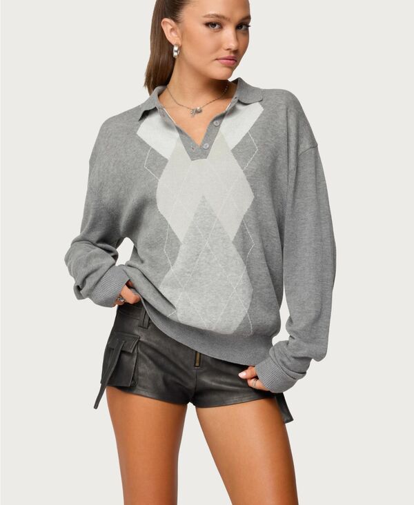 アディクテッド レディース アウター ニット・セーター ポロシャツ Edikted Women's Kati Argyle Oversized Polo Sweater Gray-melange グレー 14,386円