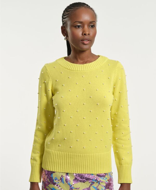 イザックミズラヒ レディース アウター ニット・セーター クルーネック Isaac Mizrahi Women's Beaded Crew Neck Sweater Lime ライム|ReVida 店